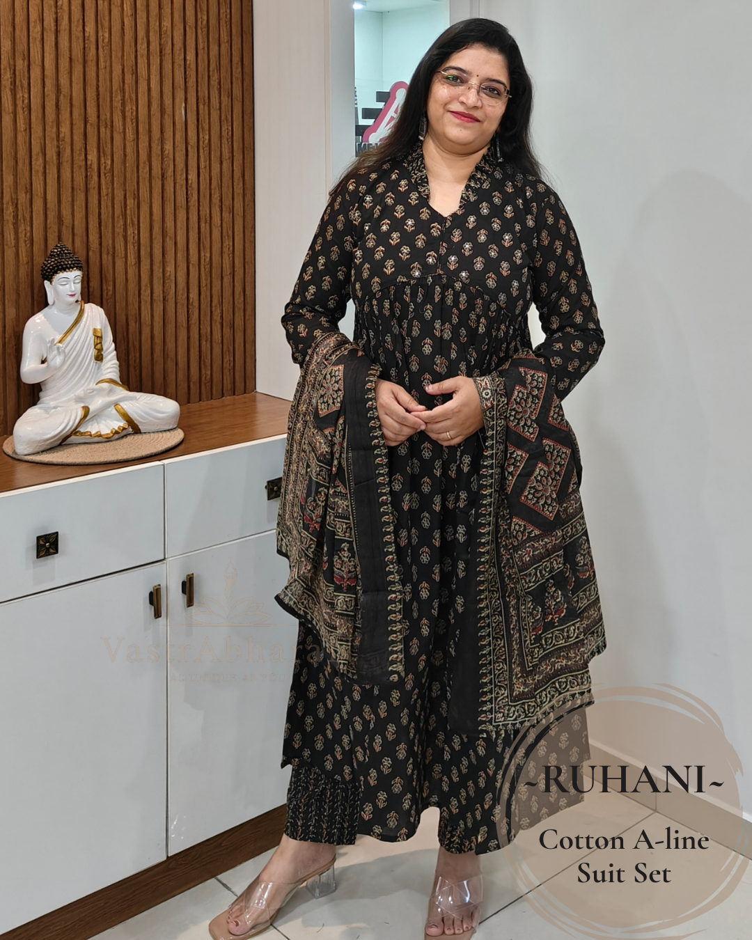 Black printed cotton A-line suit set for women