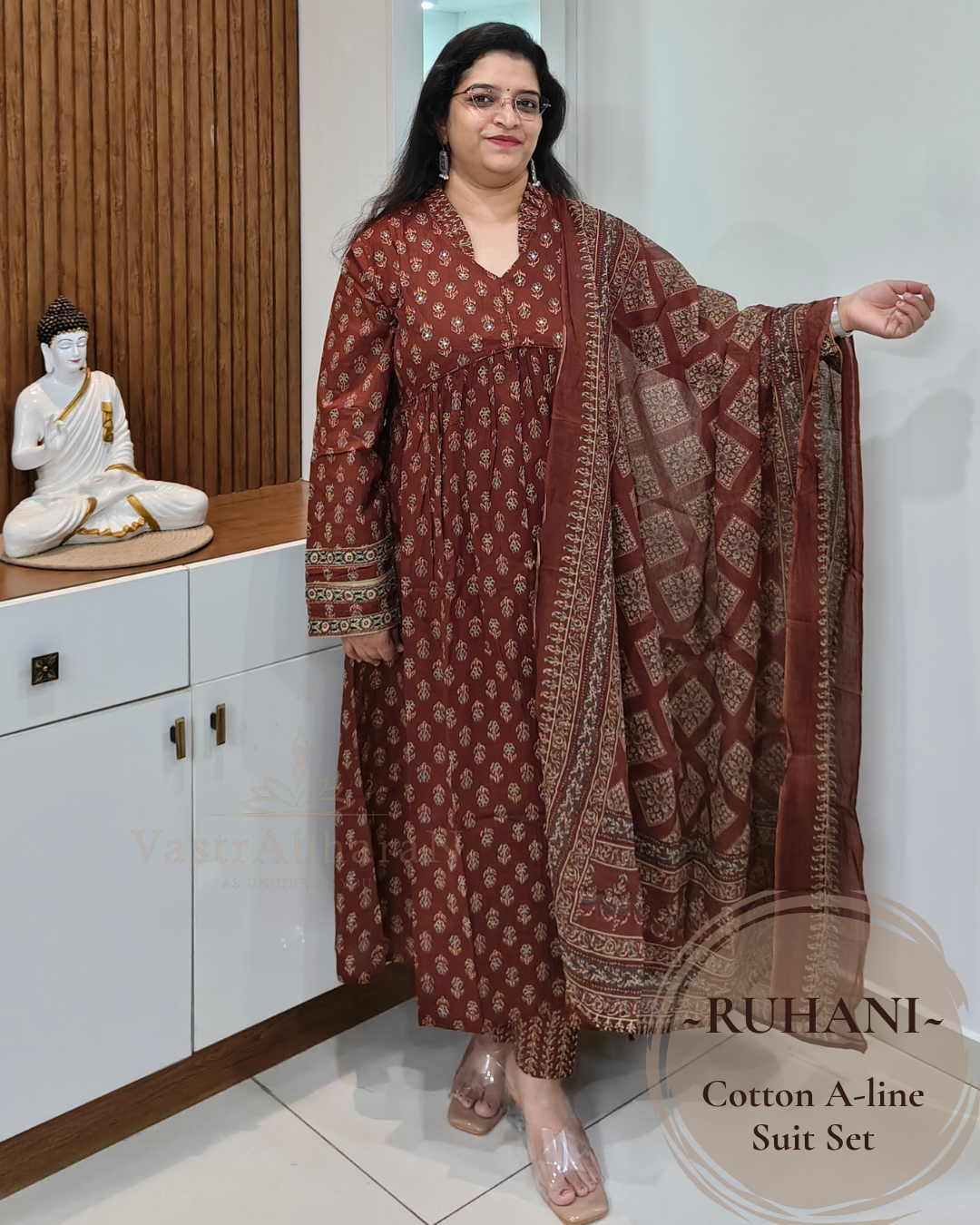 Printed Mul Cotton dupatta with brown cotton suit set