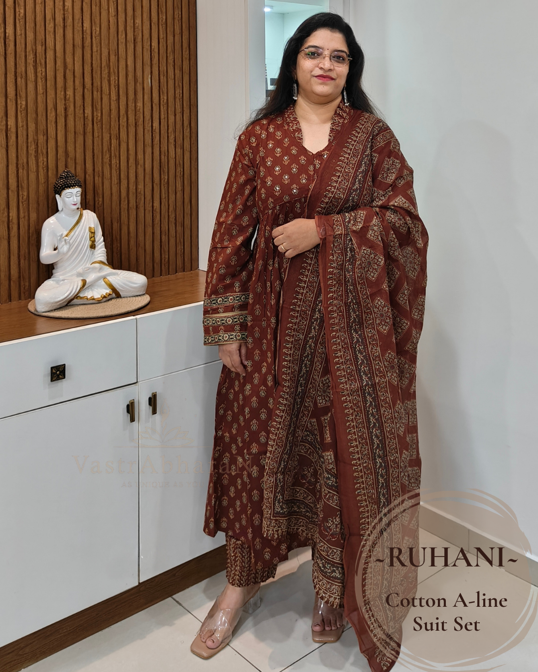 Brown printed A-line cotton suit set for women