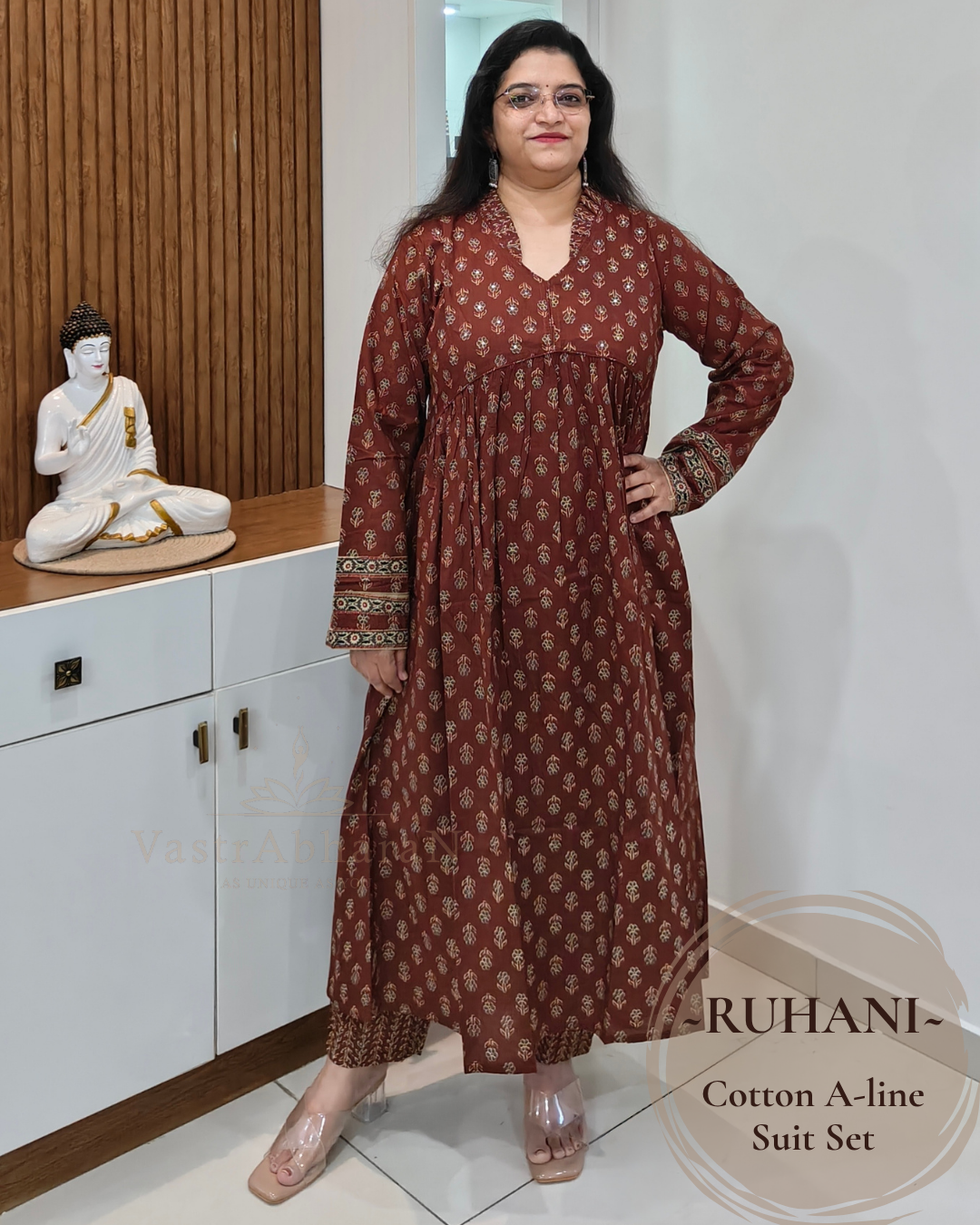 Brown printed cotton top with full sleeves and border cuff