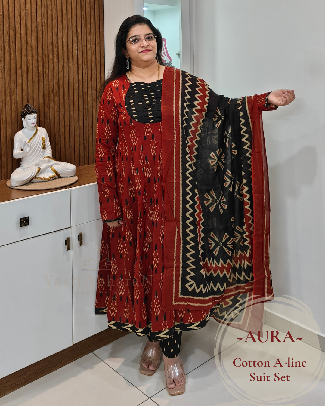 BLACK Printed Mul Cotton dupatta with terracotta cotton suit set
