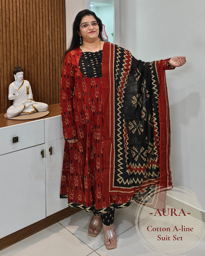 BLACK Printed Mul Cotton dupatta with terracotta cotton suit set