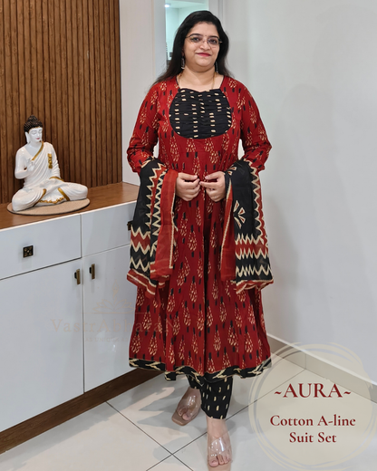 Terracotta printed cotton top with U-neck and contrast yoke